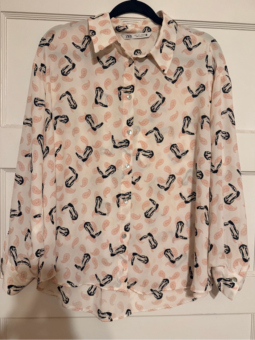 ZARA Cream Blouse with Pink Paisley and Black boots Motif